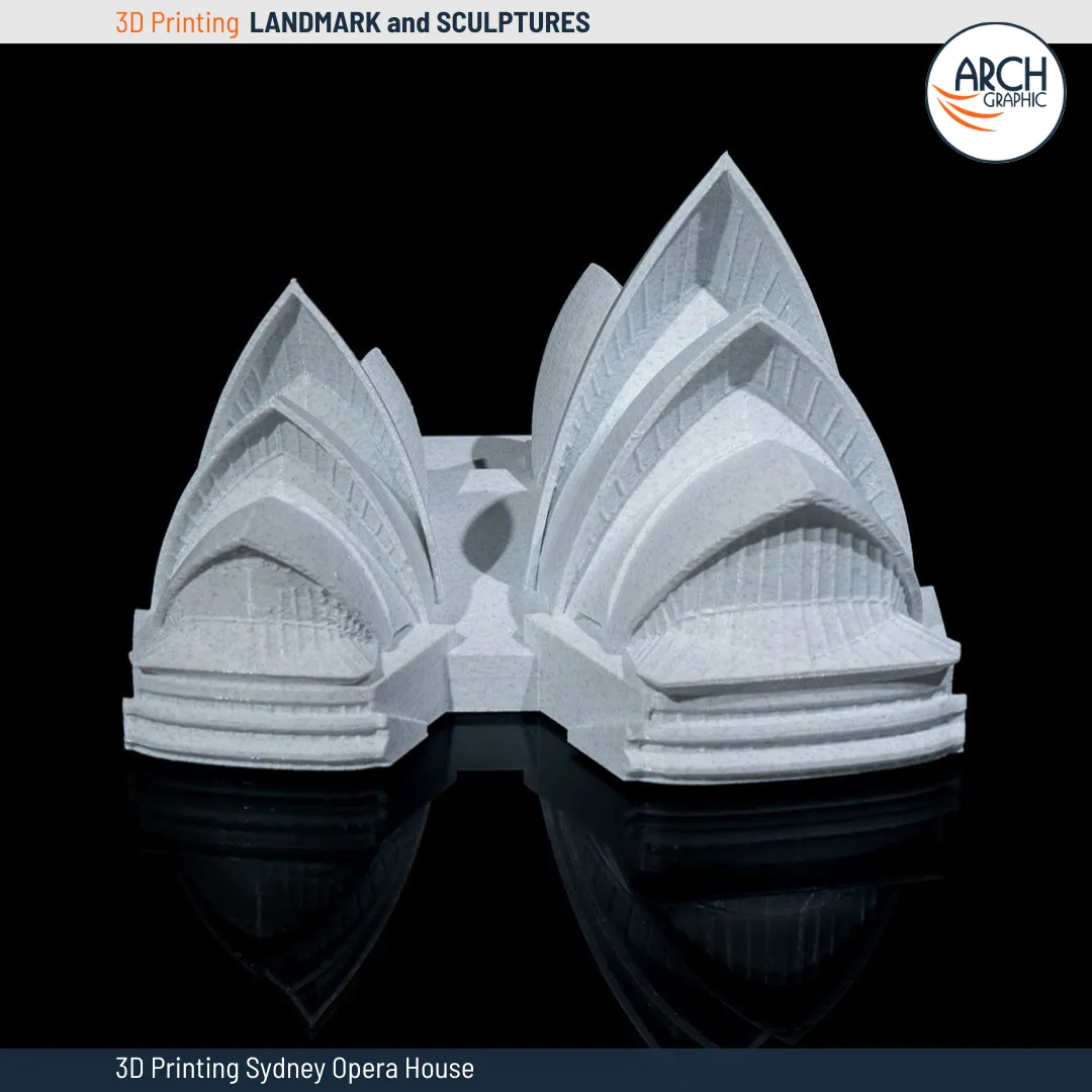 Highly detailed 3D printed Sydney Opera House model on a glossy surface