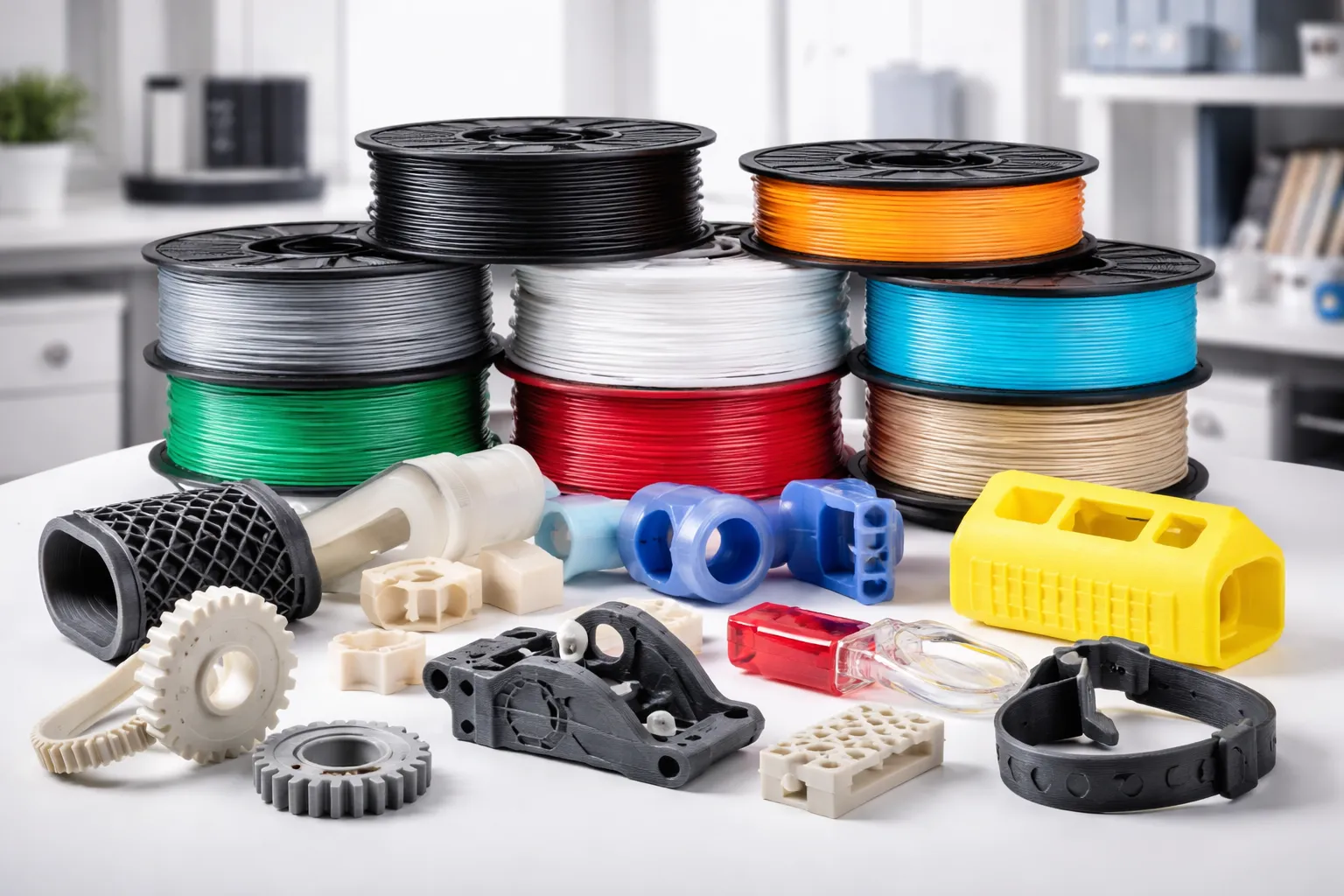 3D printing filament spools and printed parts material guide - PLA ABS PETG TPU nylon UAE