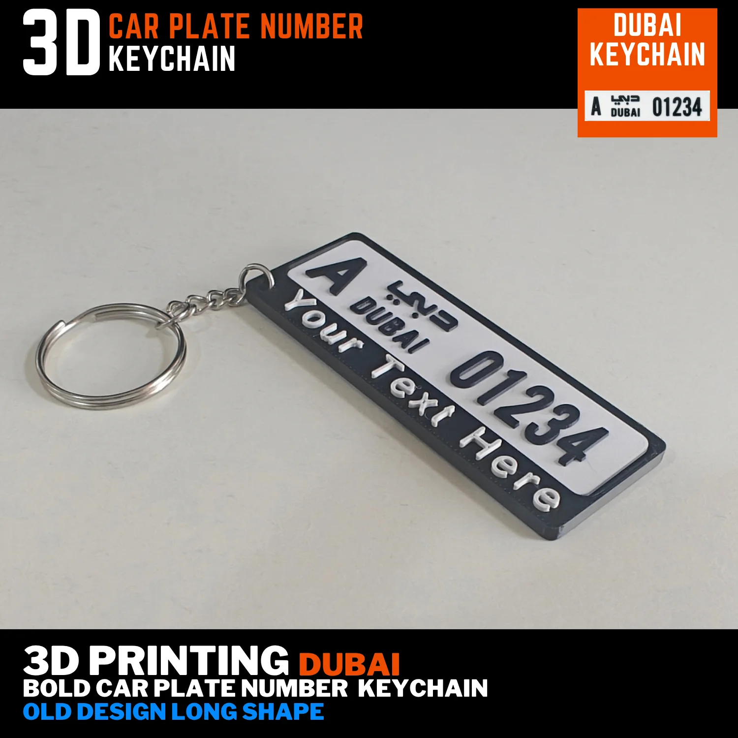 Dubai old long number plate keychain with black lettering, a custom name strip and a silver split ring