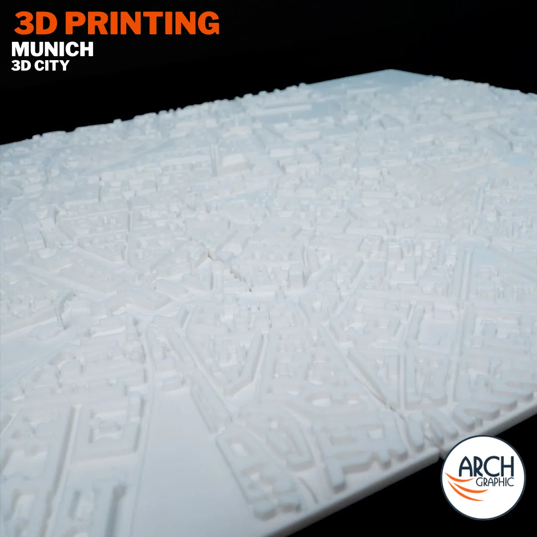 Full large-format 3D printed Munich city model panel angled view – Arch Graphic UAE 3D printing Sharjah