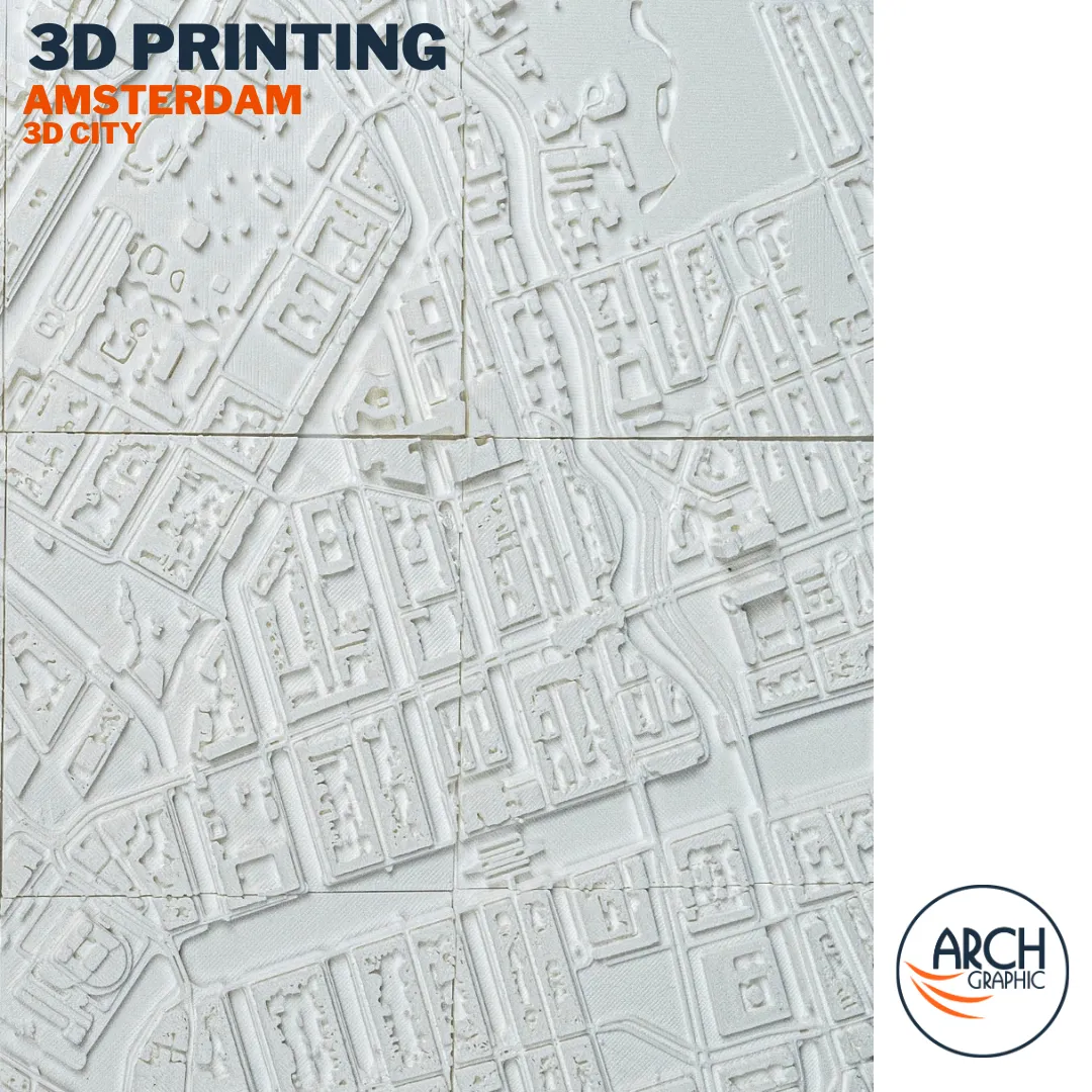 3D printed Amsterdam Jordaan district close-up aerial with canal waterways – precision architectural model Arch Graphic UAE