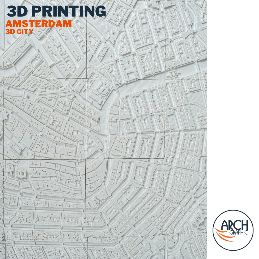 3D printed Amsterdam canal ring concentric semicircle aerial top view – architectural city model UAE Arch Graphic Sharjah