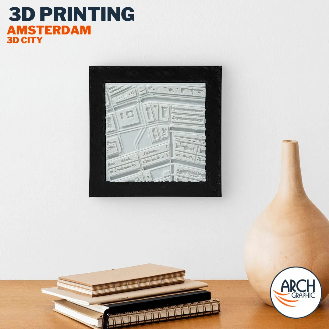 3D printed Amsterdam canal map framed wall art in modern interior – custom 3D city model by Arch Graphic UAE