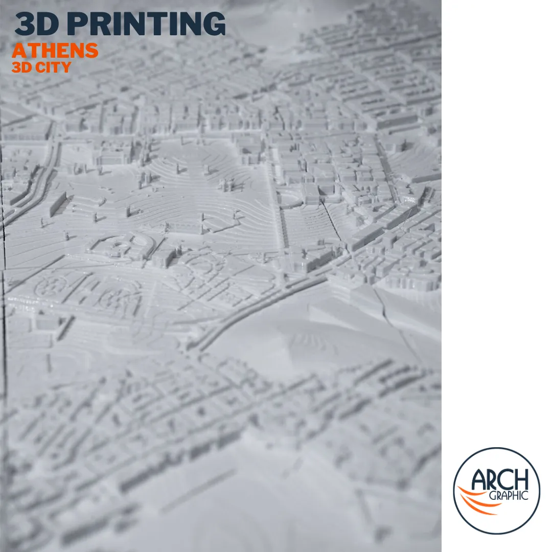 3D printed Athens ancient Agora area angled street-level view with topographic contours – architectural model Arch Graphic UAE