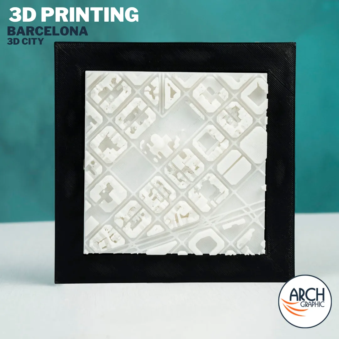 3D printed Barcelona Eixample city map framed tile – architectural scale model by Arch Graphic, UAE 3D printing Sharjah
