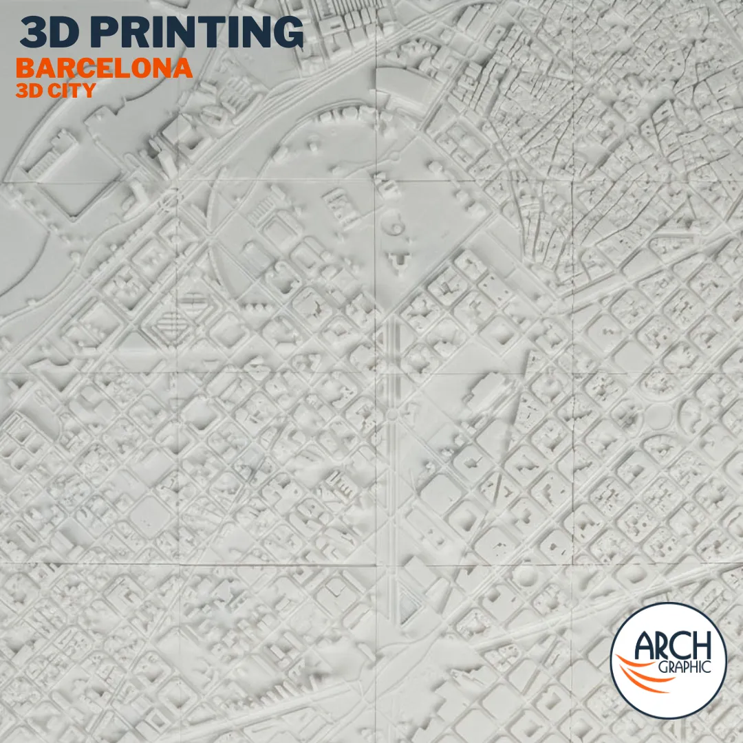 Large-scale 3D printed Barcelona city model full aerial view with Plaça Catalunya – architectural model UAE Arch Graphic Sharjah