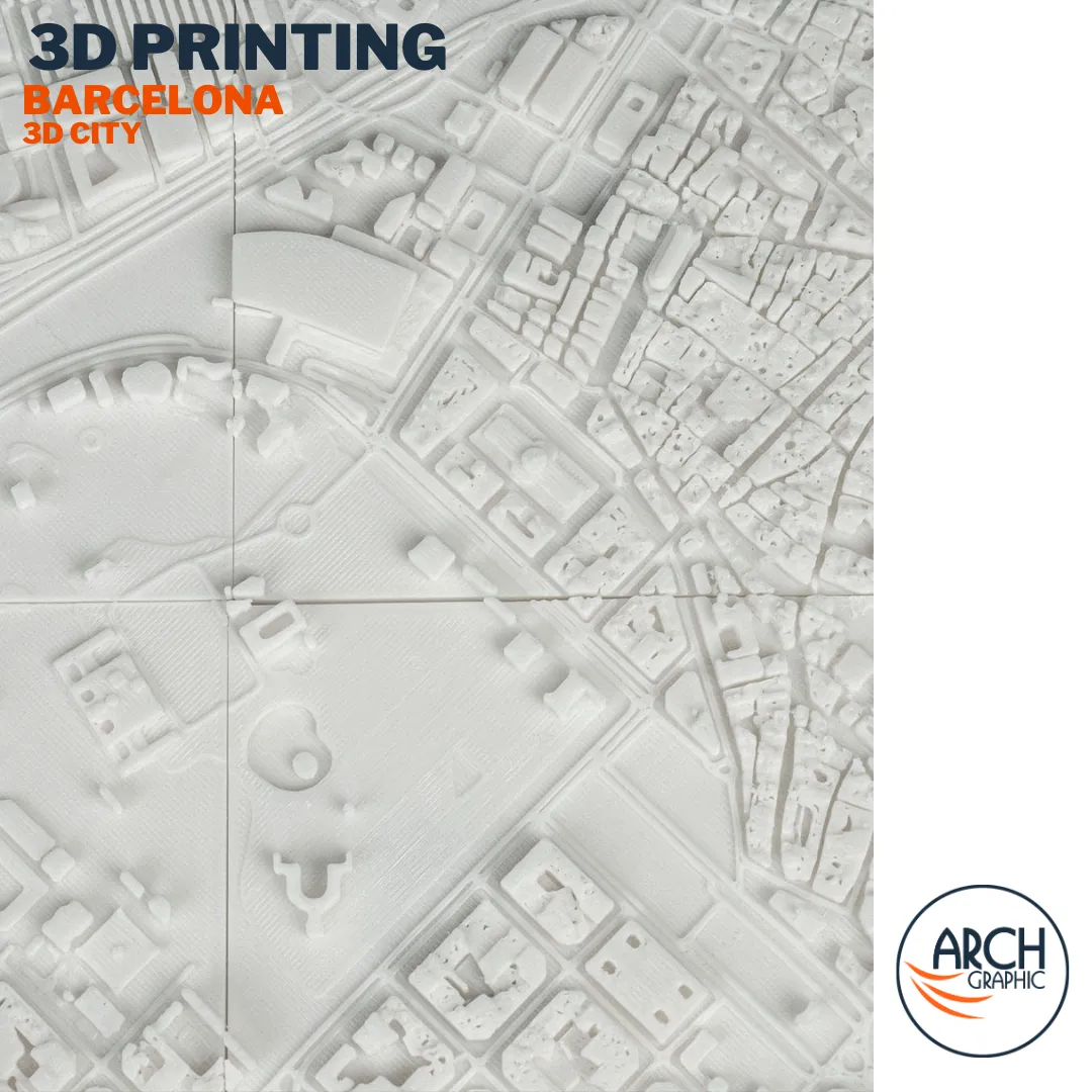 3D printed Barcelona full aerial city model top view showing Eixample grid and Plaça Catalunya – Arch Graphic UAE 3D printing
