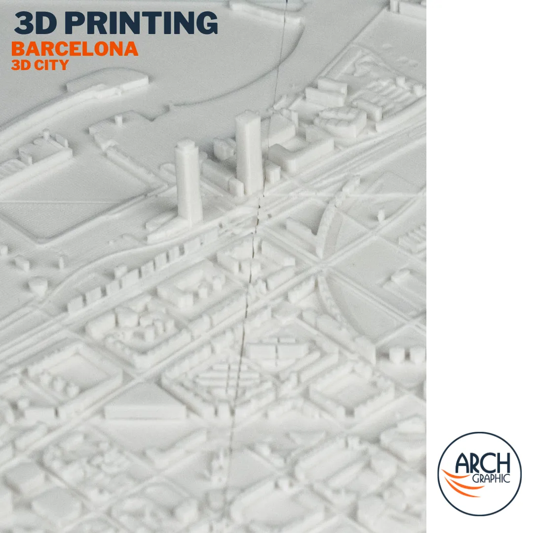 3D printed Barcelona Passeig de Gràcia skyscrapers angled perspective – architectural city model UAE Arch Graphic