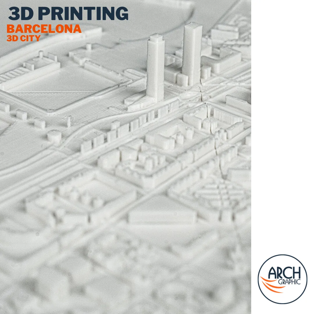 3D printed Barcelona skyscrapers and stadium close-up isometric view – precision architectural model by Arch Graphic UAE