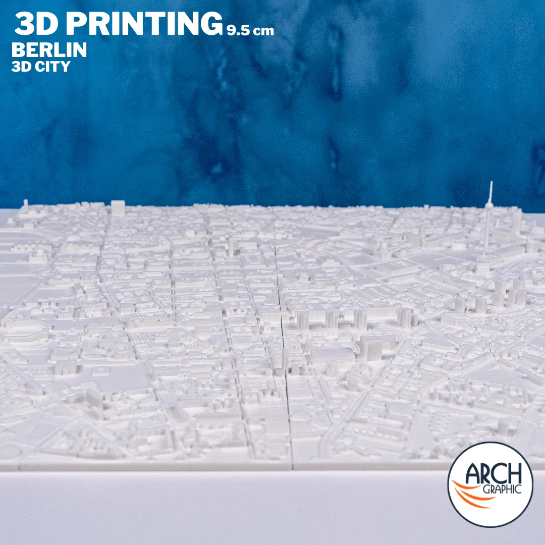 3D printed Berlin city model 9.5cm scale wide aerial view – architectural 3D printing UAE Arch Graphic Sharjah