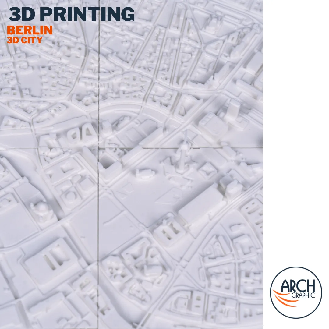 3D printed Berlin Potsdamer Platz area angled top-down with radiating streets – architectural model Arch Graphic UAE