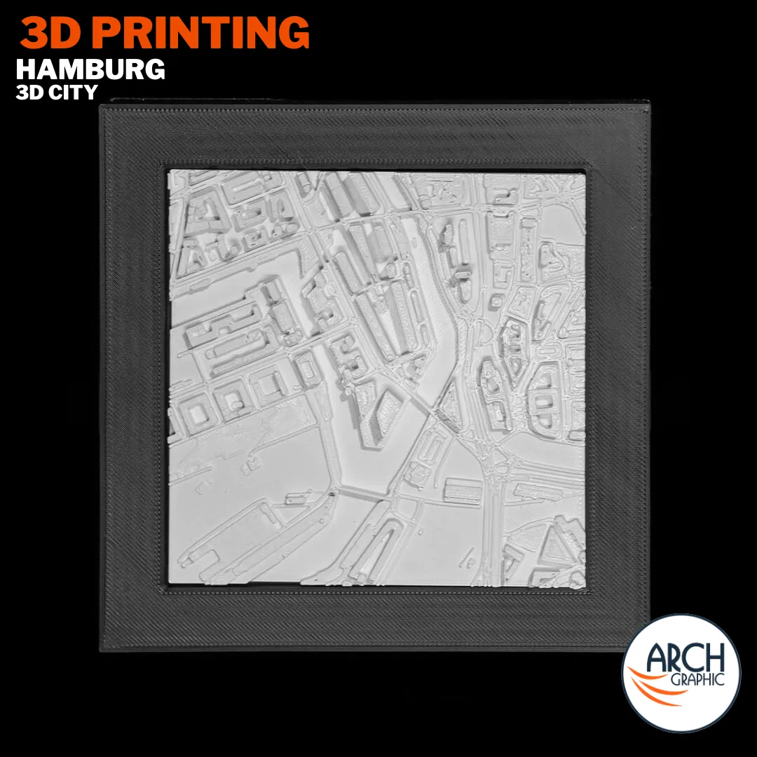 3D printed Hamburg inner port canal network framed model showing Speicherstadt warehouse district – Arch Graphic UAE
