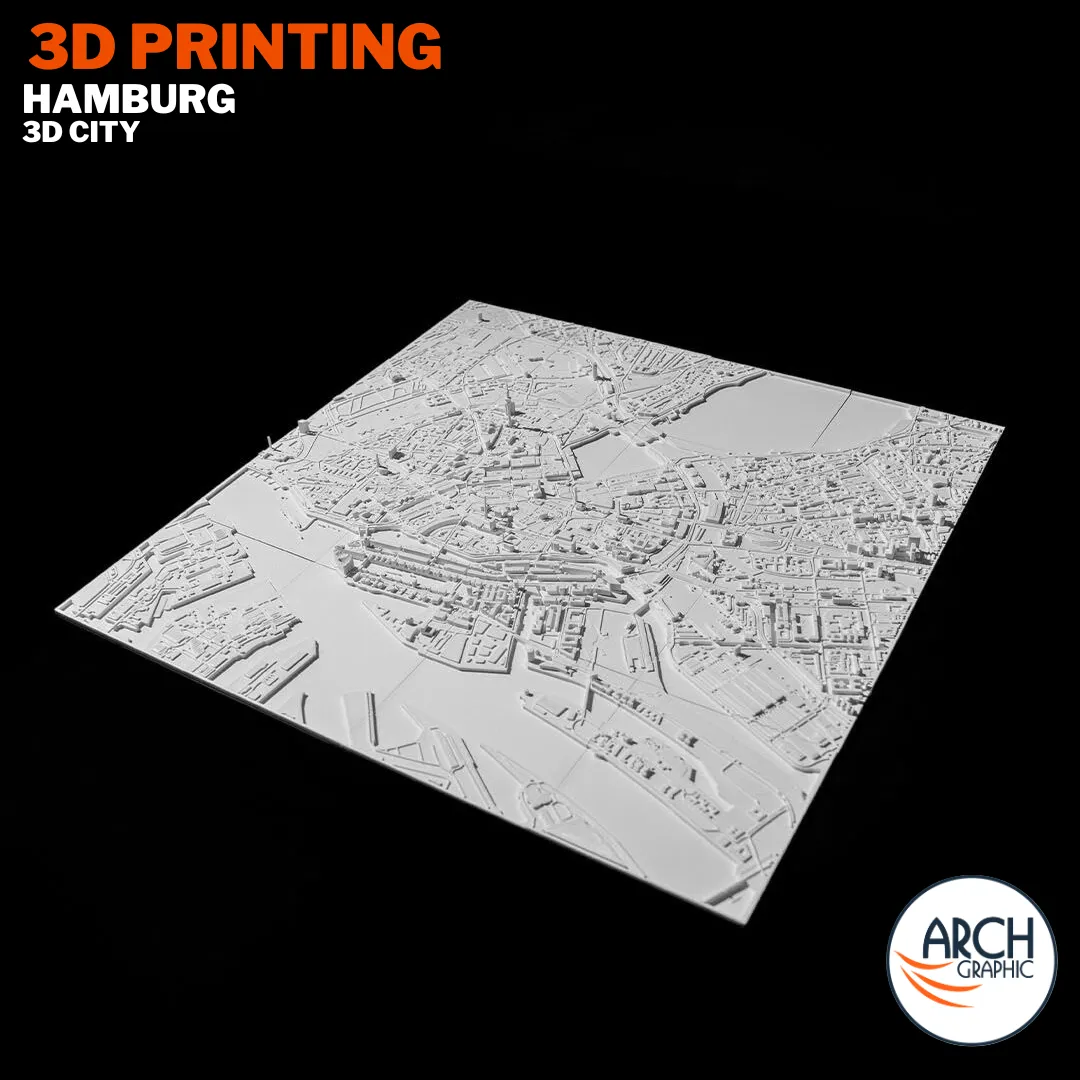 Full angled 3D printed Hamburg city model showing River Elbe HafenCity regeneration district and city center – Arch Graphic UAE