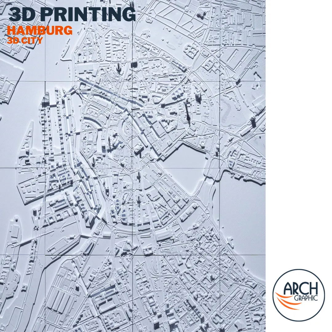 Overhead 3D printed Hamburg city center model showing Inner Alster lake radial street pattern and port edge – Arch Graphic UAE