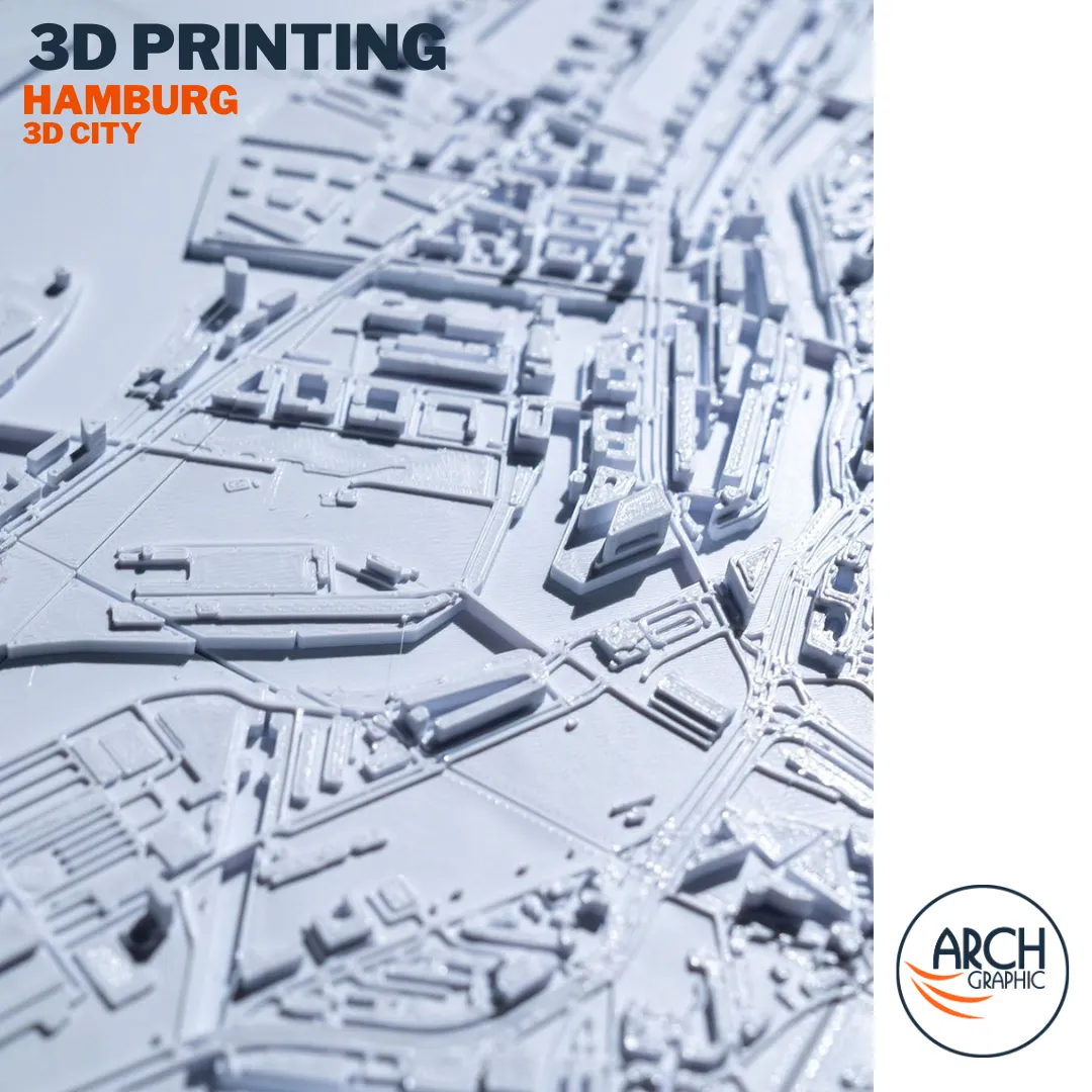 Angled macro 3D printed Hamburg HafenCity district showing Elbe waterfront buildings and railway infrastructure – Arch Graphic UAE