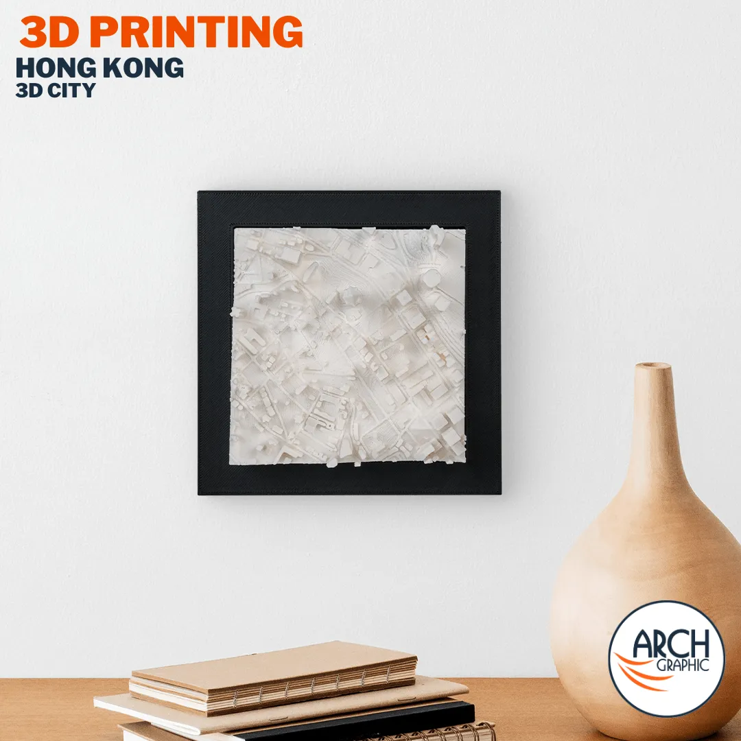 3D printed Hong Kong Central district framed wall art on wooden shelf showing dense urban fabric – Arch Graphic UAE