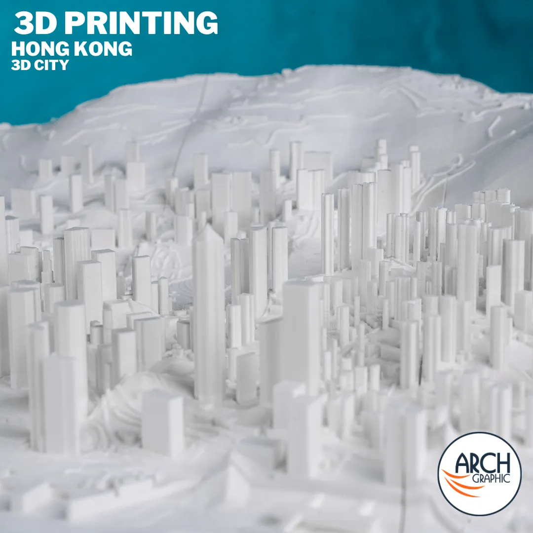 Dramatic 3D printed Hong Kong model showing Victoria Peak rising sharply above dense tower cluster – Arch Graphic UAE architectural model