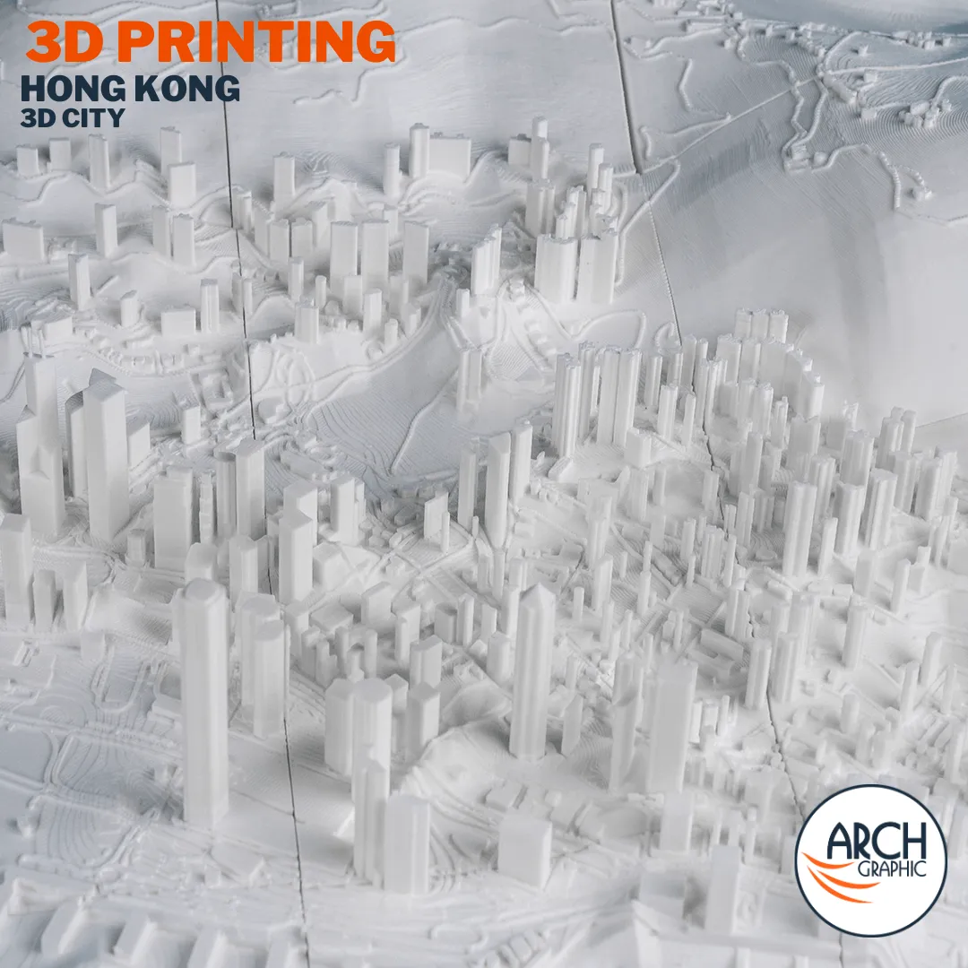 Wide angle 3D printed Hong Kong model showing Kowloon peninsula harbour waterfront and tower clusters – Arch Graphic UAE