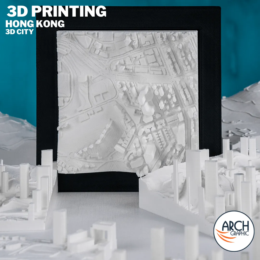 3D printed Hong Kong framed single panel leaning against full city model showing scale comparison – Arch Graphic UAE
