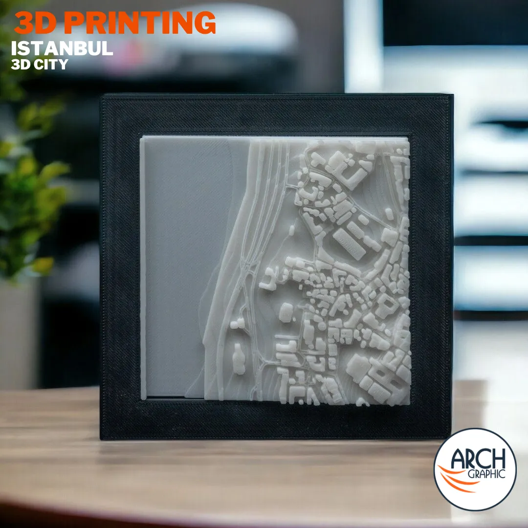 3D printed Istanbul Bosphorus shoreline framed city model on office desk – Arch Graphic UAE architectural 3D printing