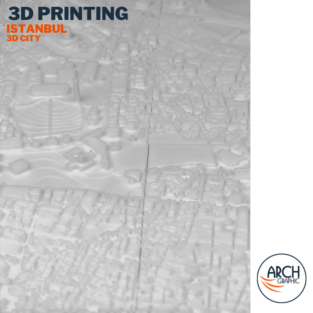 Perspective view 3D printed Istanbul Beyoglu district dense hillside buildings and main boulevard – Arch Graphic UAE