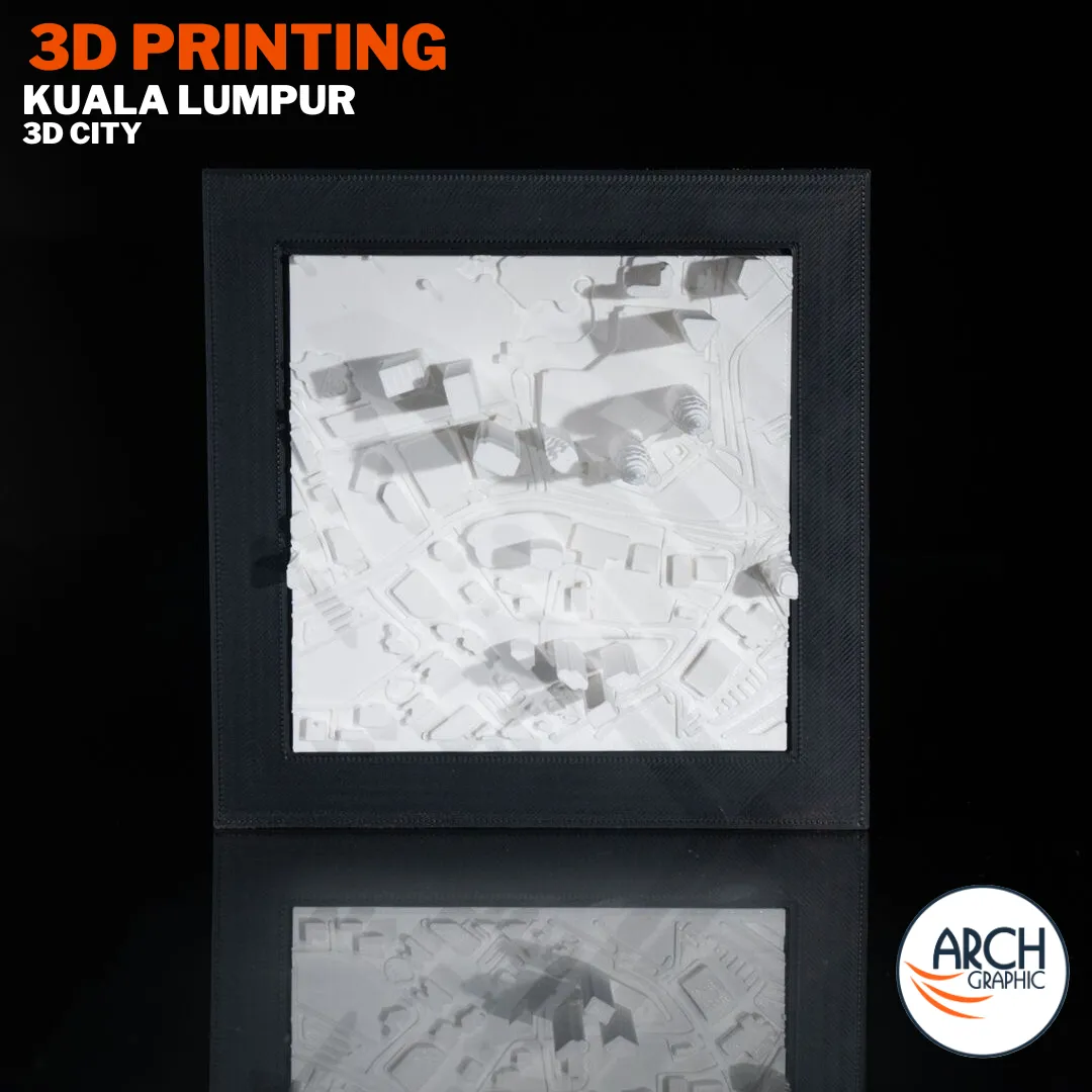 3D printed Kuala Lumpur KLCC district framed model with reflection showing Petronas Towers footprint – Arch Graphic UAE