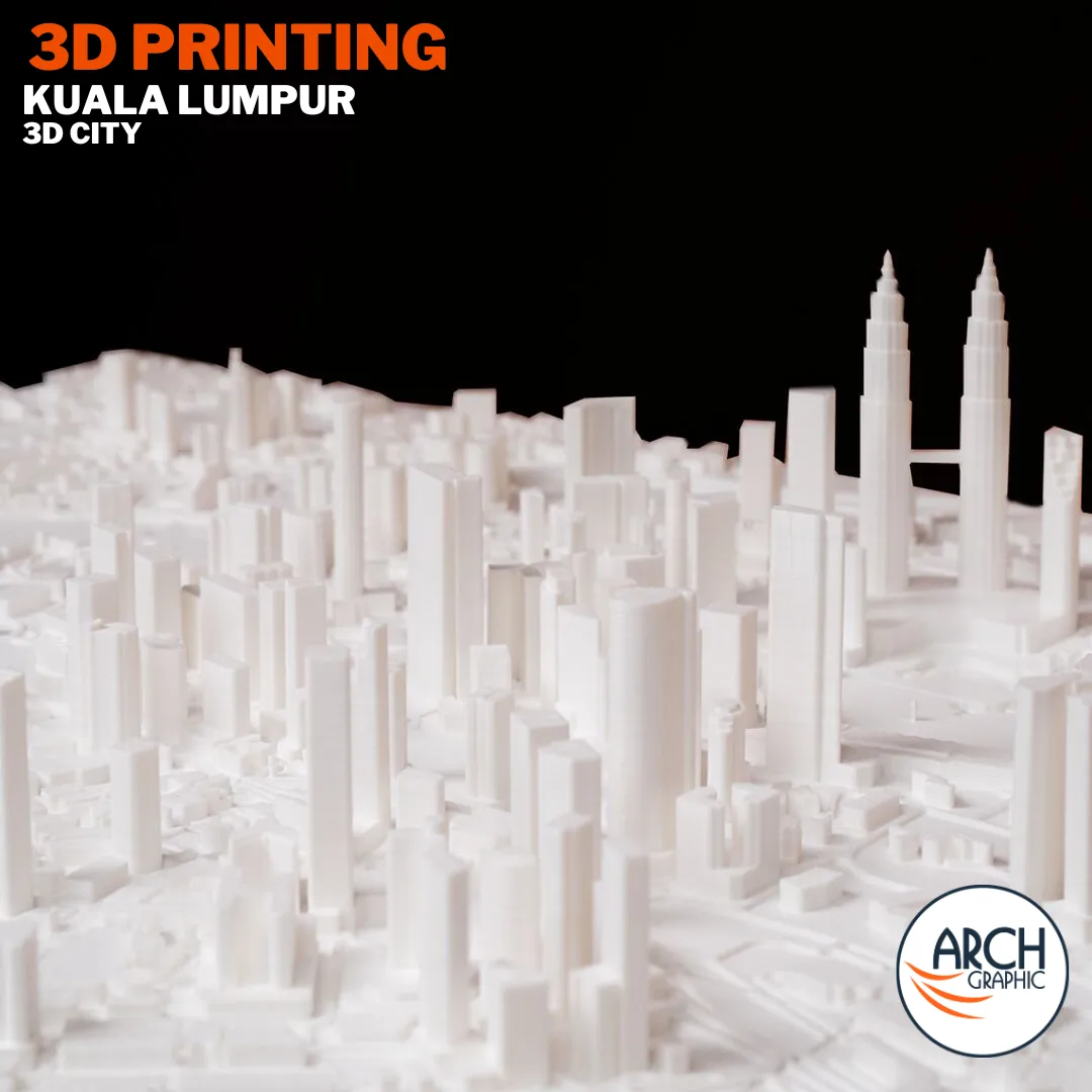 Overhead macro 3D printed Kuala Lumpur Golden Triangle city model showing dense tower cluster and road network – Arch Graphic UAE