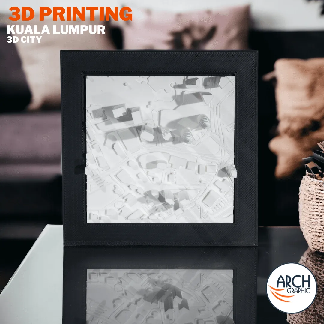 3D printed Kuala Lumpur city model framed on glass coffee table in modern living room interior – Arch Graphic UAE
