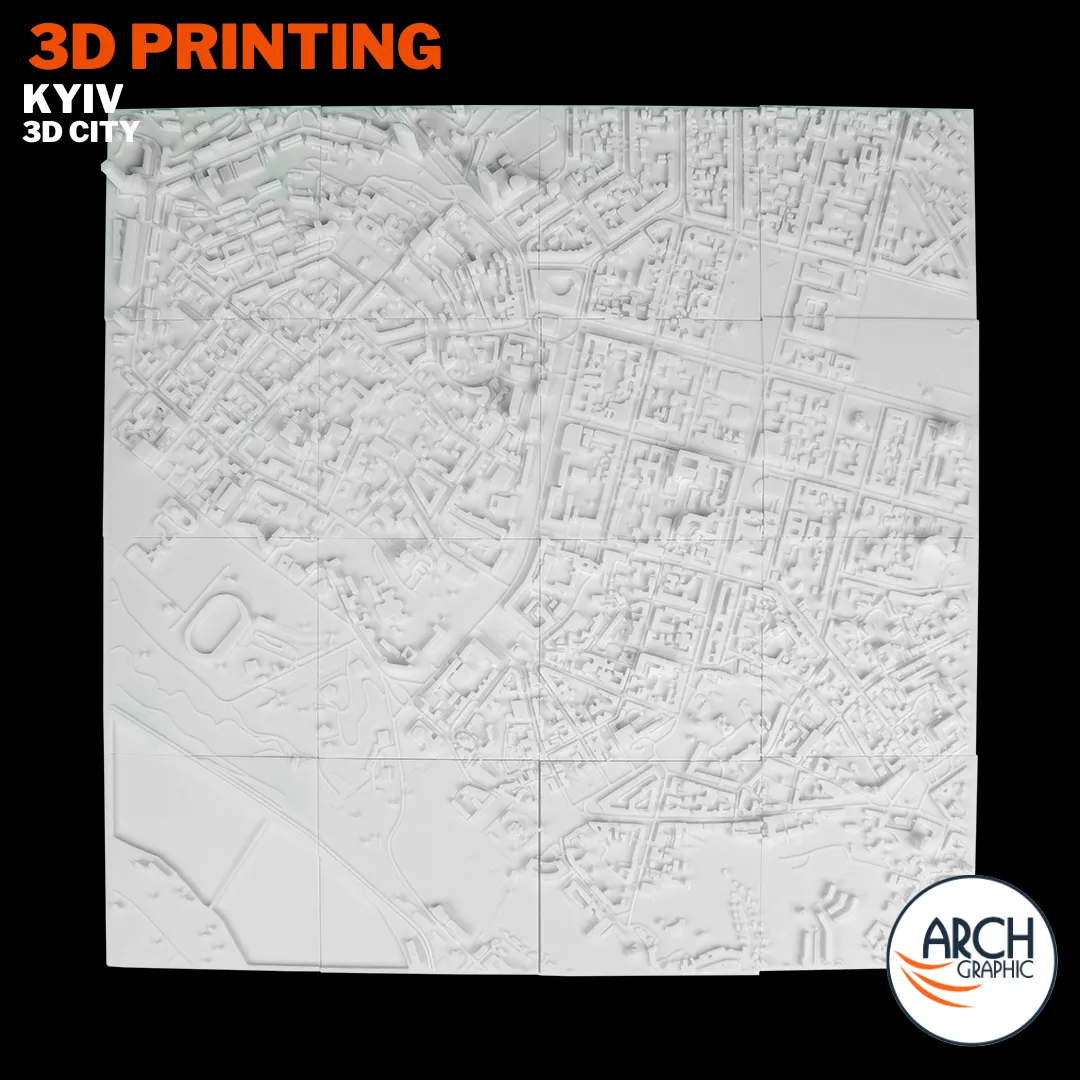 Full overhead 3D printed Kyiv city map large format multi-panel model showing historic boulevards and Dnipro district – Arch Graphic UAE
