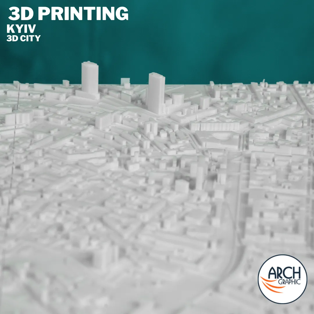 Low perspective view 3D printed Kyiv city model showing downtown skyline towers and historic street network – Arch Graphic UAE
