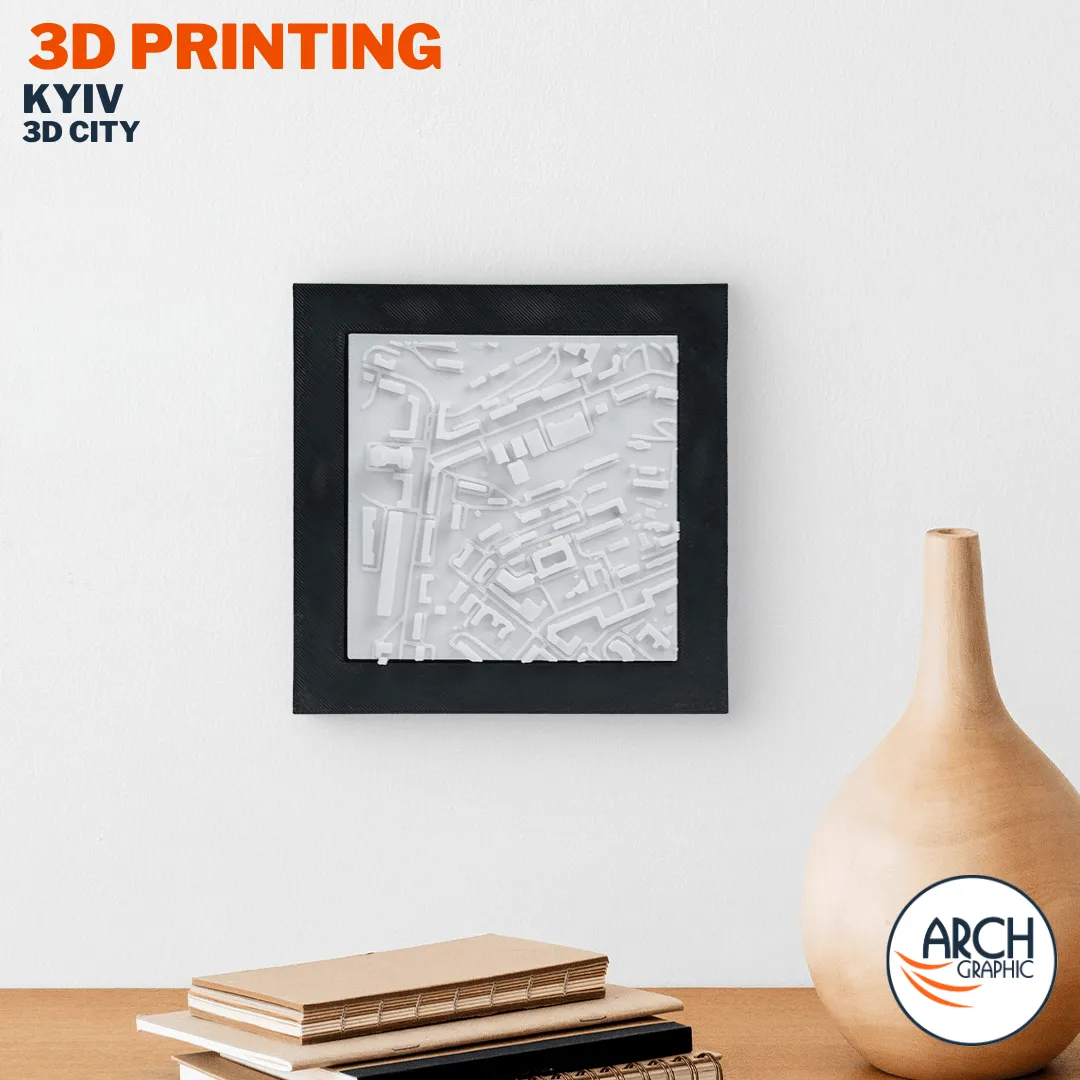 3D printed Kyiv city center framed model on white background showing diagonal street layout – Arch Graphic UAE 3D printing
