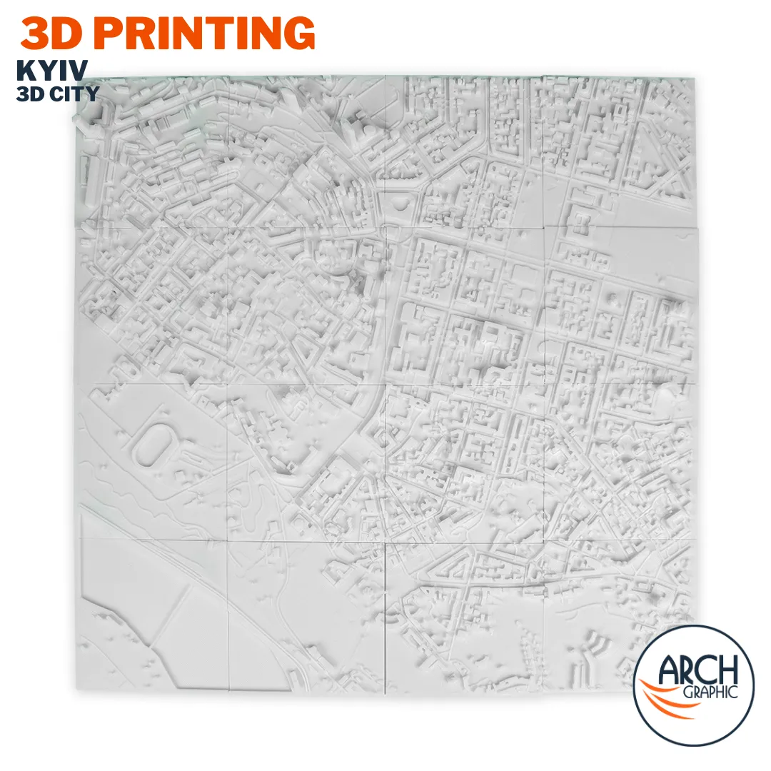 Full overhead 3D printed Kyiv city model white background showing complete historic district layout – Arch Graphic UAE architectural model