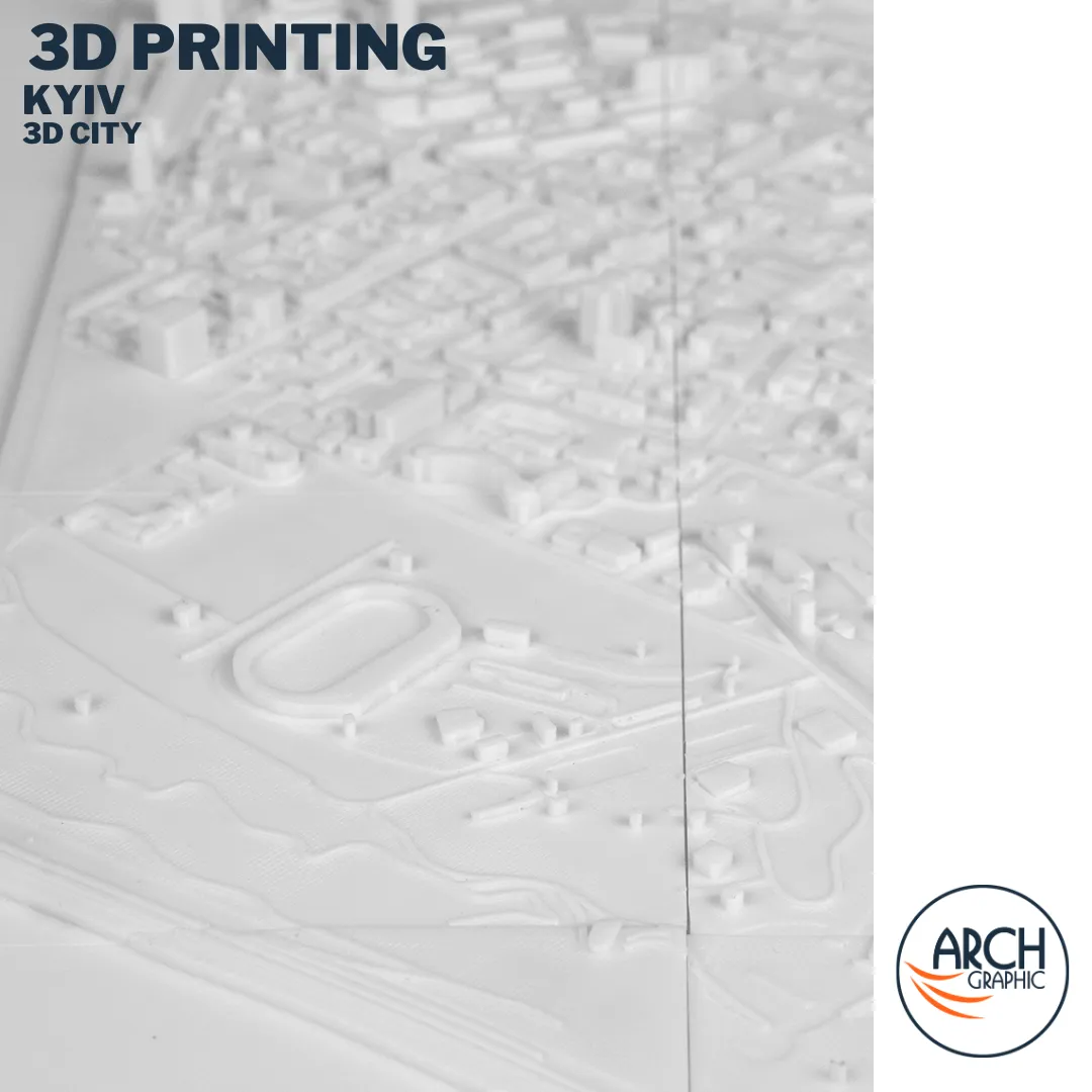 Angled close-up 3D printed Kyiv old town district showing domed religious building and historic street blocks – Arch Graphic UAE