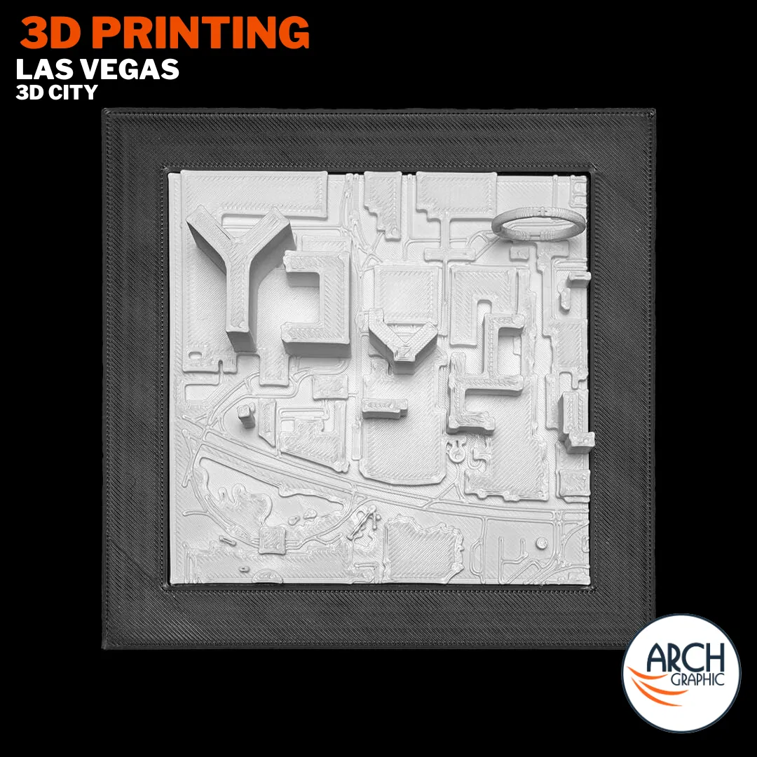 3D printed Las Vegas Strip framed architectural model showing casino resort footprints and road network – Arch Graphic UAE