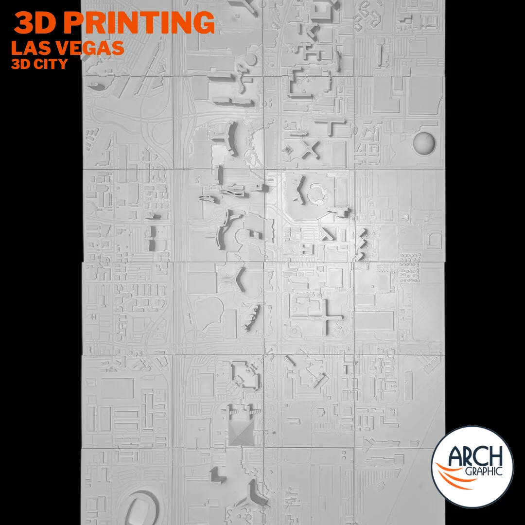 Full vertical overhead view 3D printed Las Vegas Strip large format multi-panel model showing all casino resorts – Arch Graphic UAE