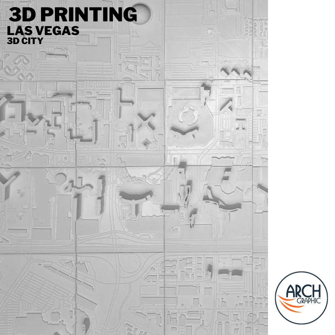 Close-up overhead 3D printed Las Vegas model showing casino resort floor plates and arena structures – Arch Graphic UAE 3D printing