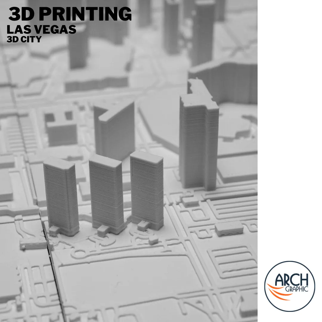 Macro perspective view 3D printed Las Vegas Strip hotel tower cluster rising from casino floor – Arch Graphic UAE architectural model