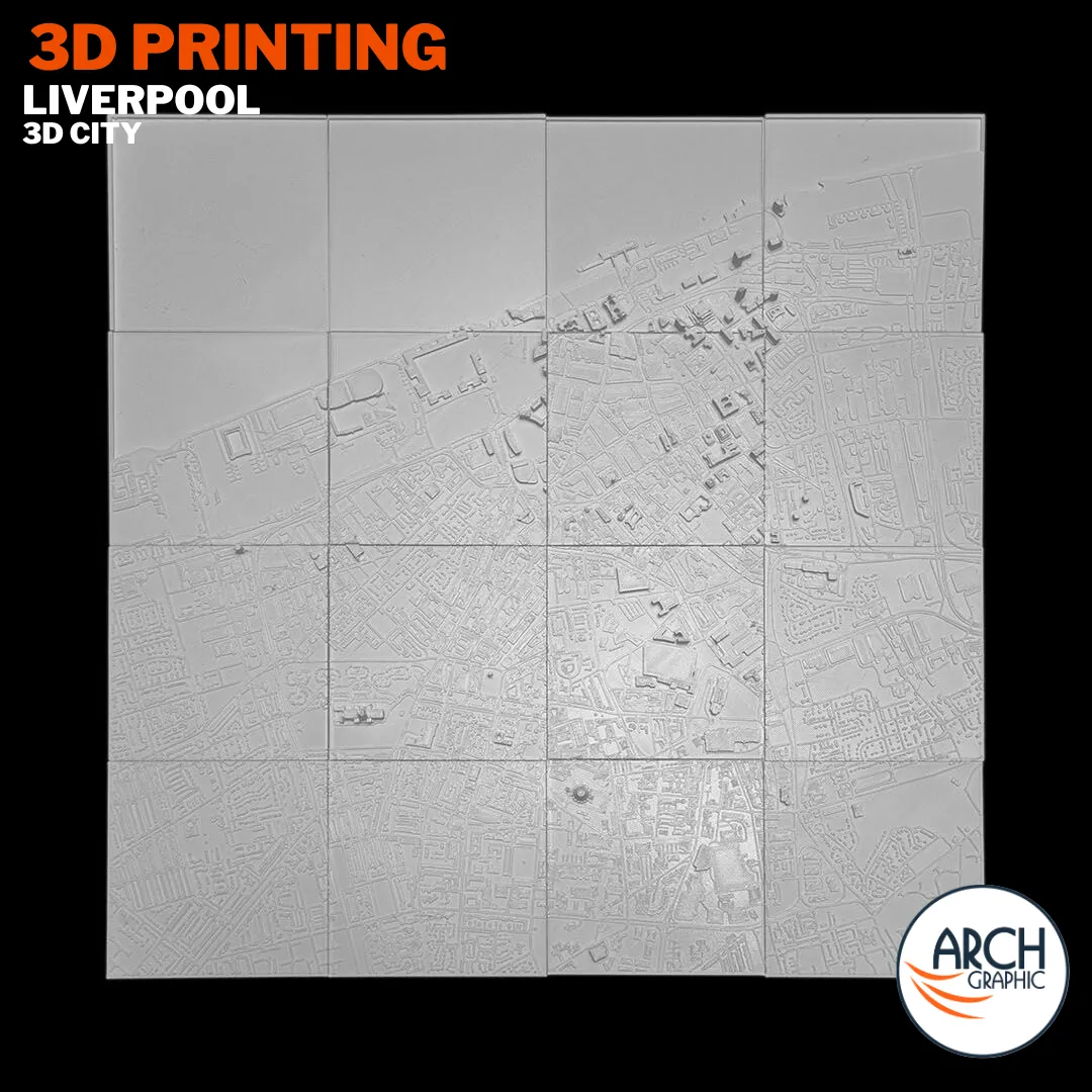 3D printed Liverpool city center scale model in black frame showing historic street layout – Arch Graphic UAE