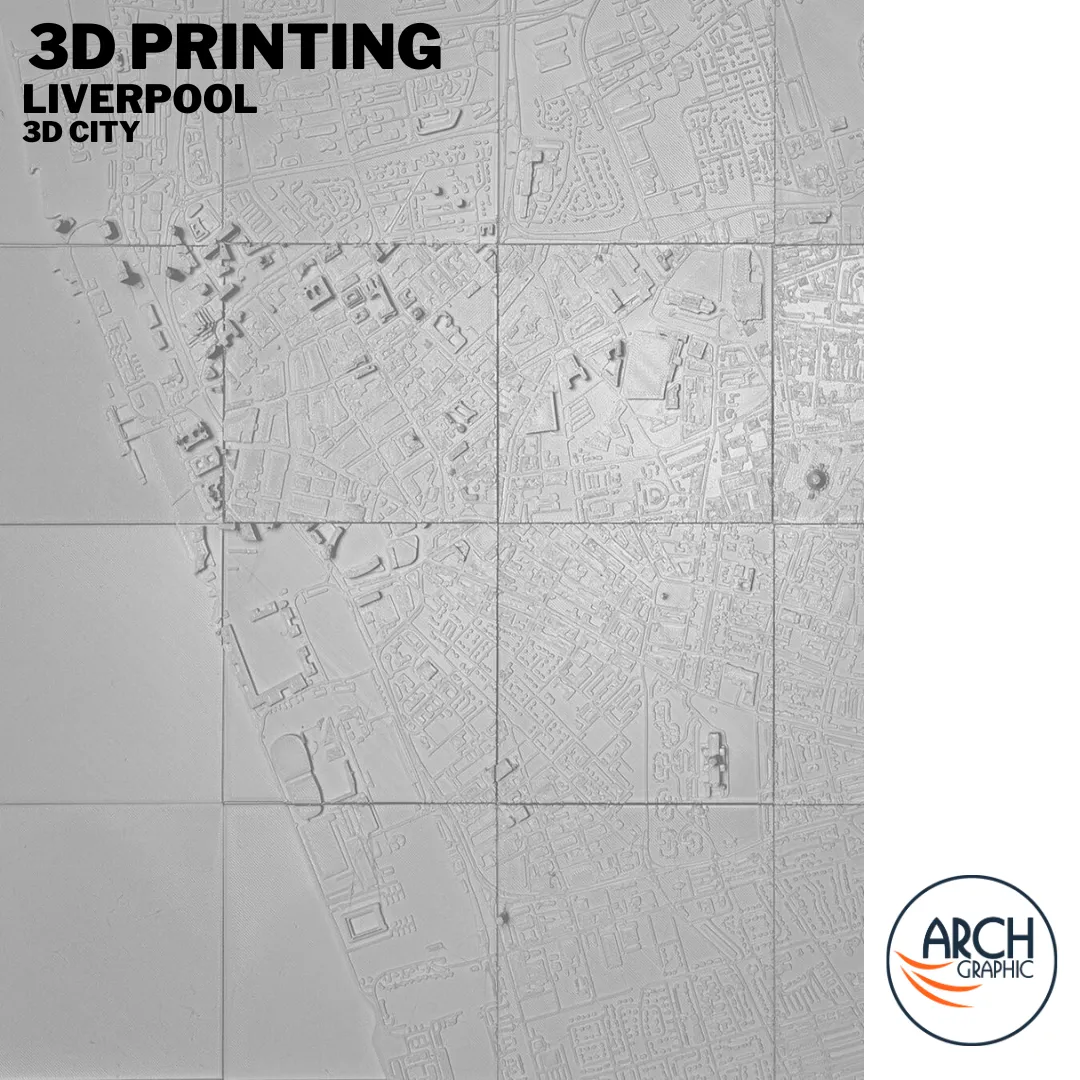 Overhead 3D printed Liverpool map showing River Mersey waterfront and city districts – Arch Graphic UAE 3D printing