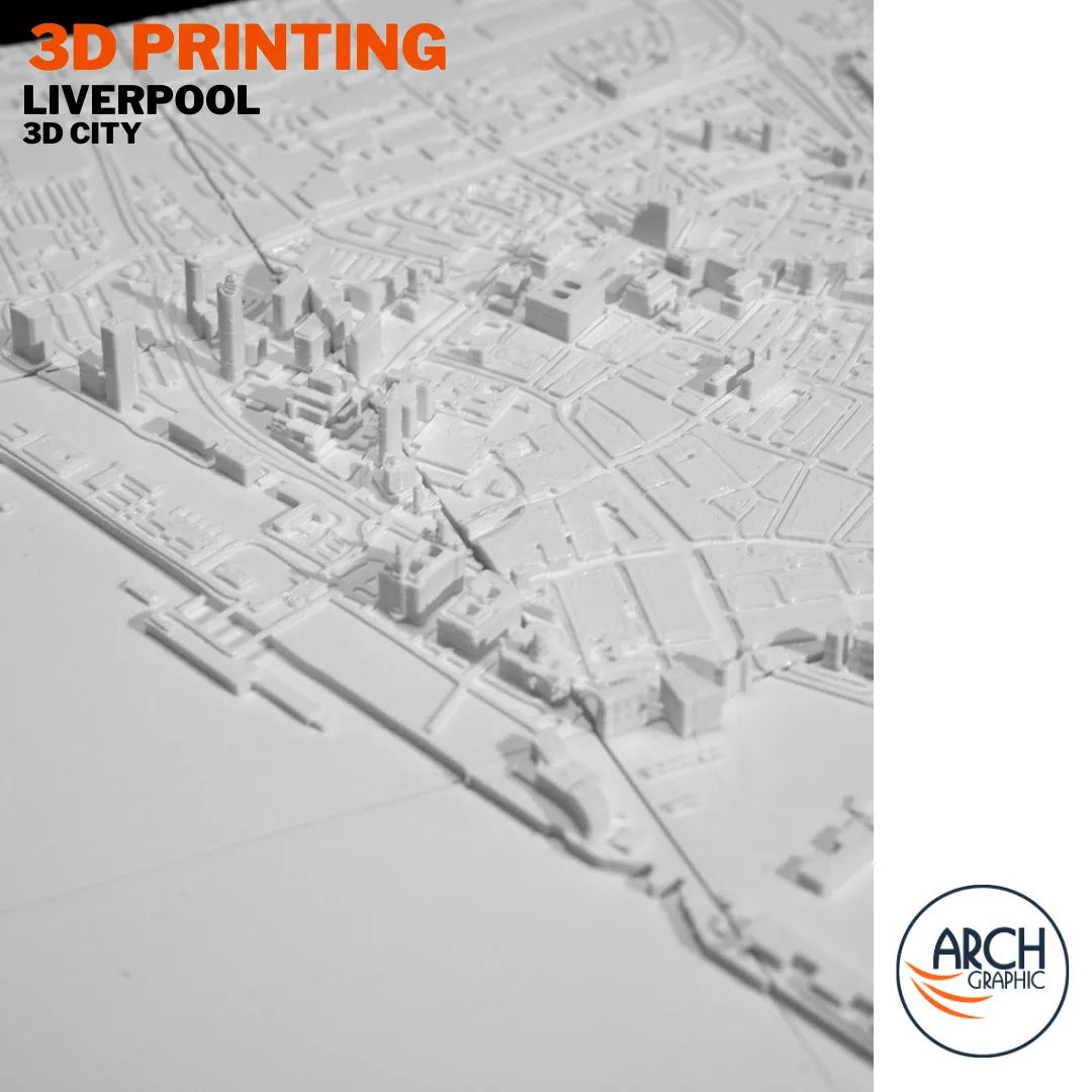 Perspective view 3D printed Liverpool model showing Liver Building waterfront and docklands district – Arch Graphic UAE