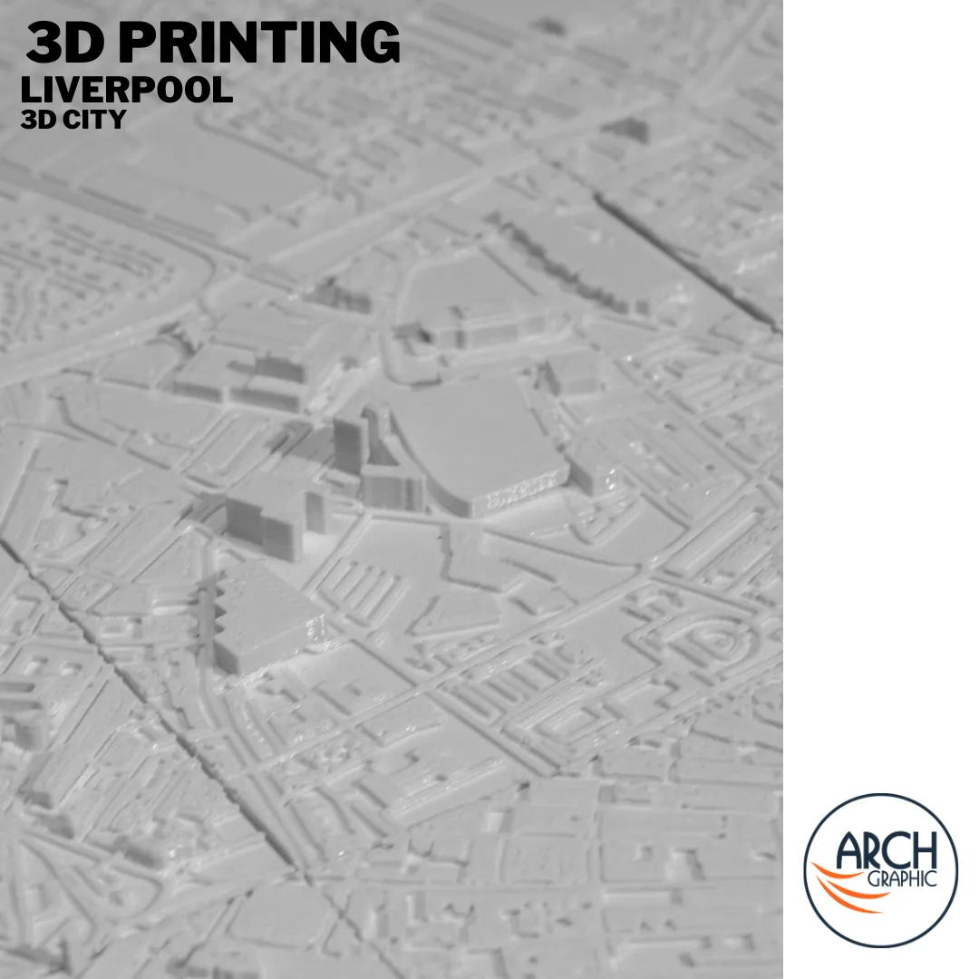 Macro close-up 3D printed Liverpool model showing civic quarter streets plazas and cultural buildings – Arch Graphic UAE