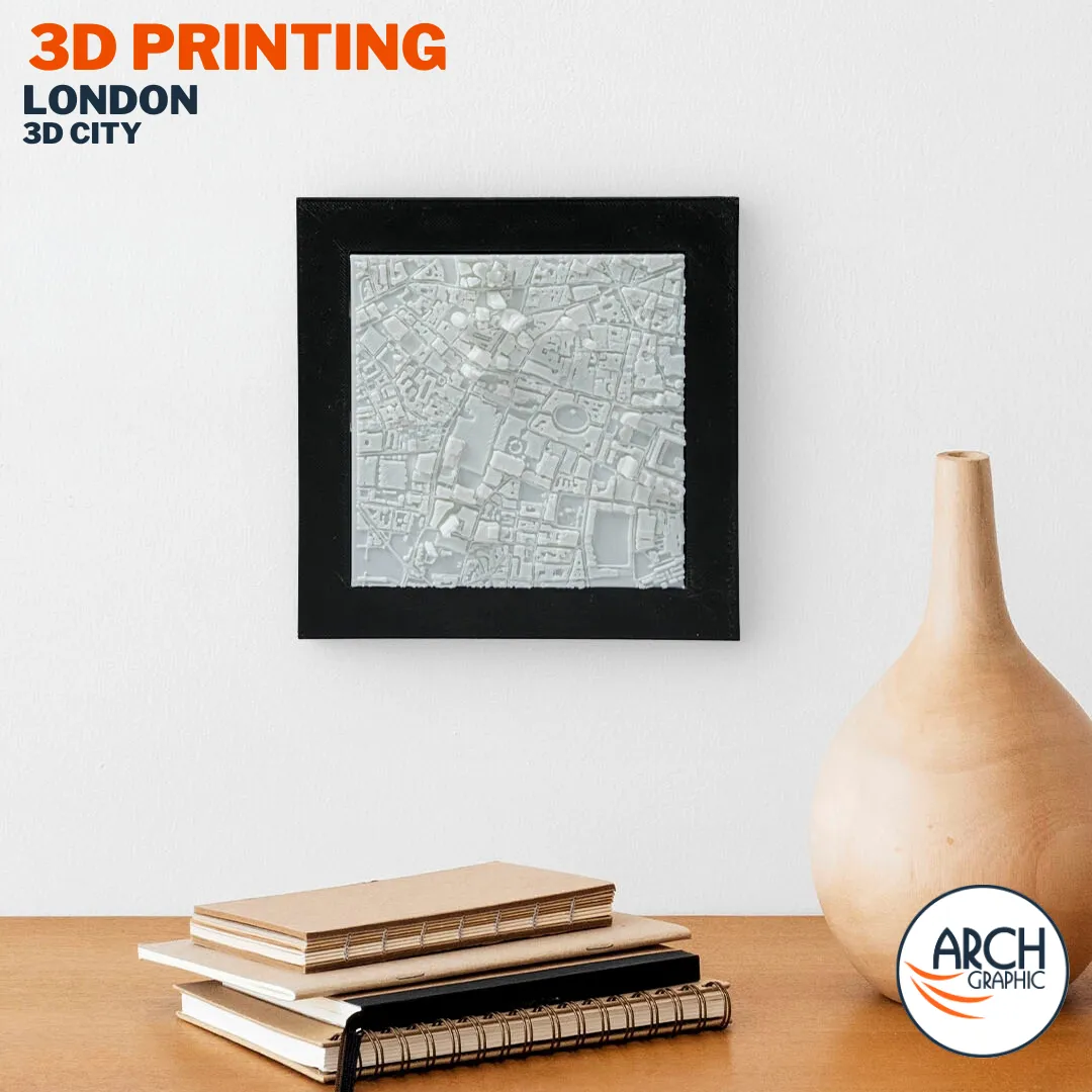 3D printed London city center map framed wall art with River Thames detail – Arch Graphic architectural model UAE