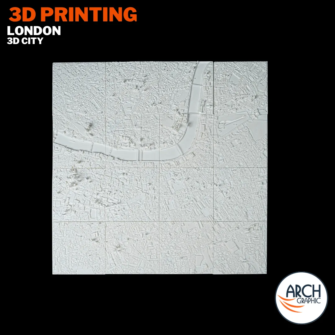 Full overhead flat lay 3D printed London map 12-panel large format model showing River Thames bend – Arch Graphic UAE