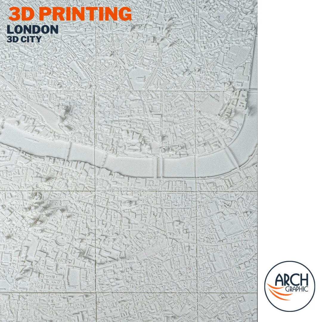 Close-up 3D printed London city model showing Thames curve Westminster and Southwark urban detail – Arch Graphic UAE