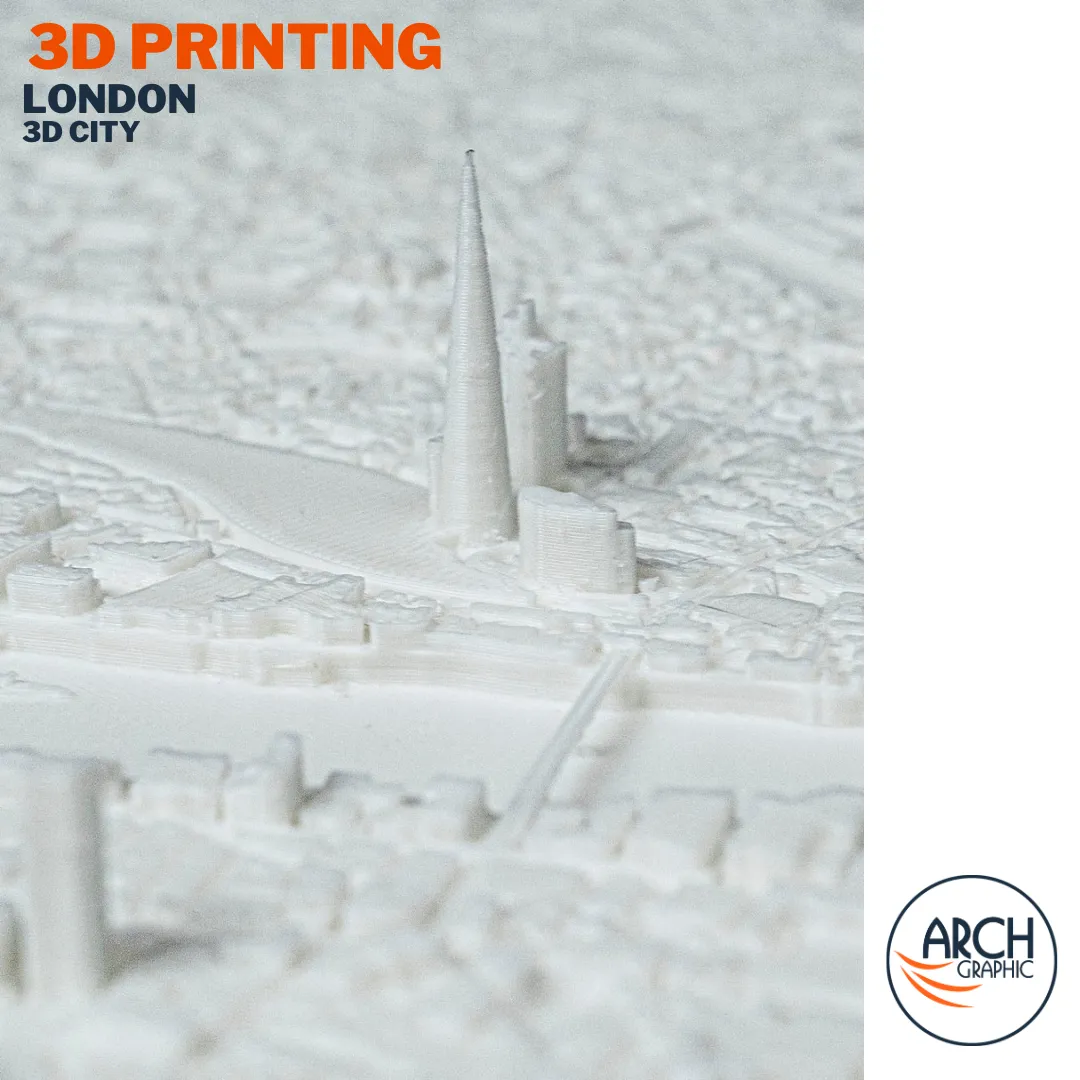 Macro close-up 3D printed London model showing The Shard skyscraper landmark in fine detail – Arch Graphic UAE 3D printing