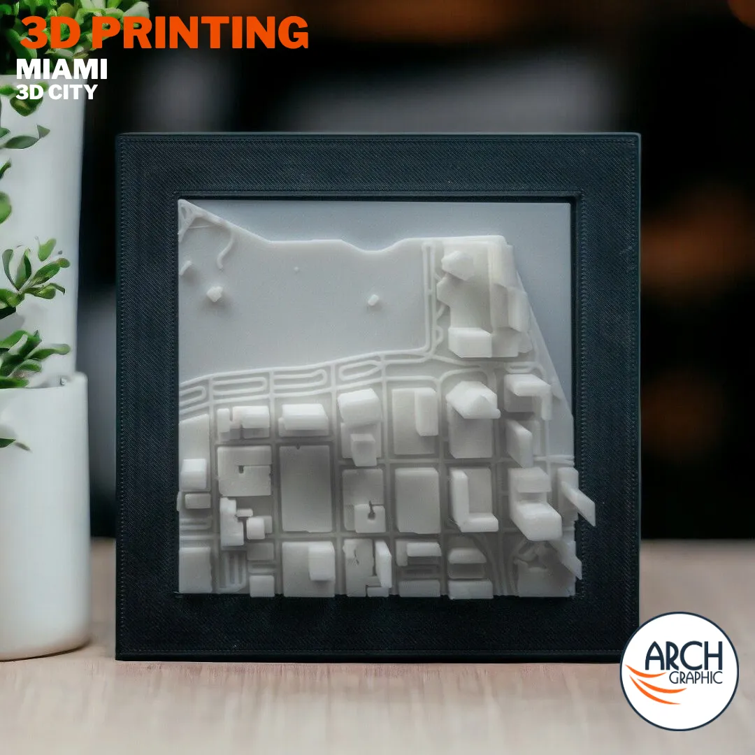 3D printed Miami city model framed wall art on office desk – Arch Graphic UAE 3D printing company Sharjah