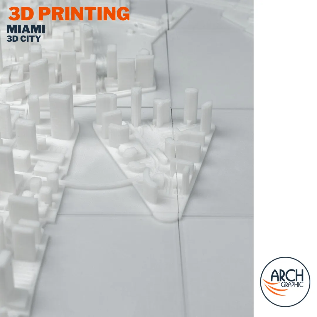 Macro close-up 3D printed Miami waterfront coastal towers and marina detail – Arch Graphic UAE 3D printing Sharjah