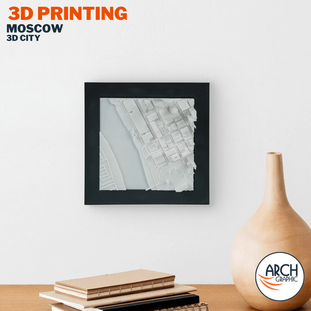 3D printed Moscow city model framed wall art displayed on home shelf – Arch Graphic UAE 3D printing