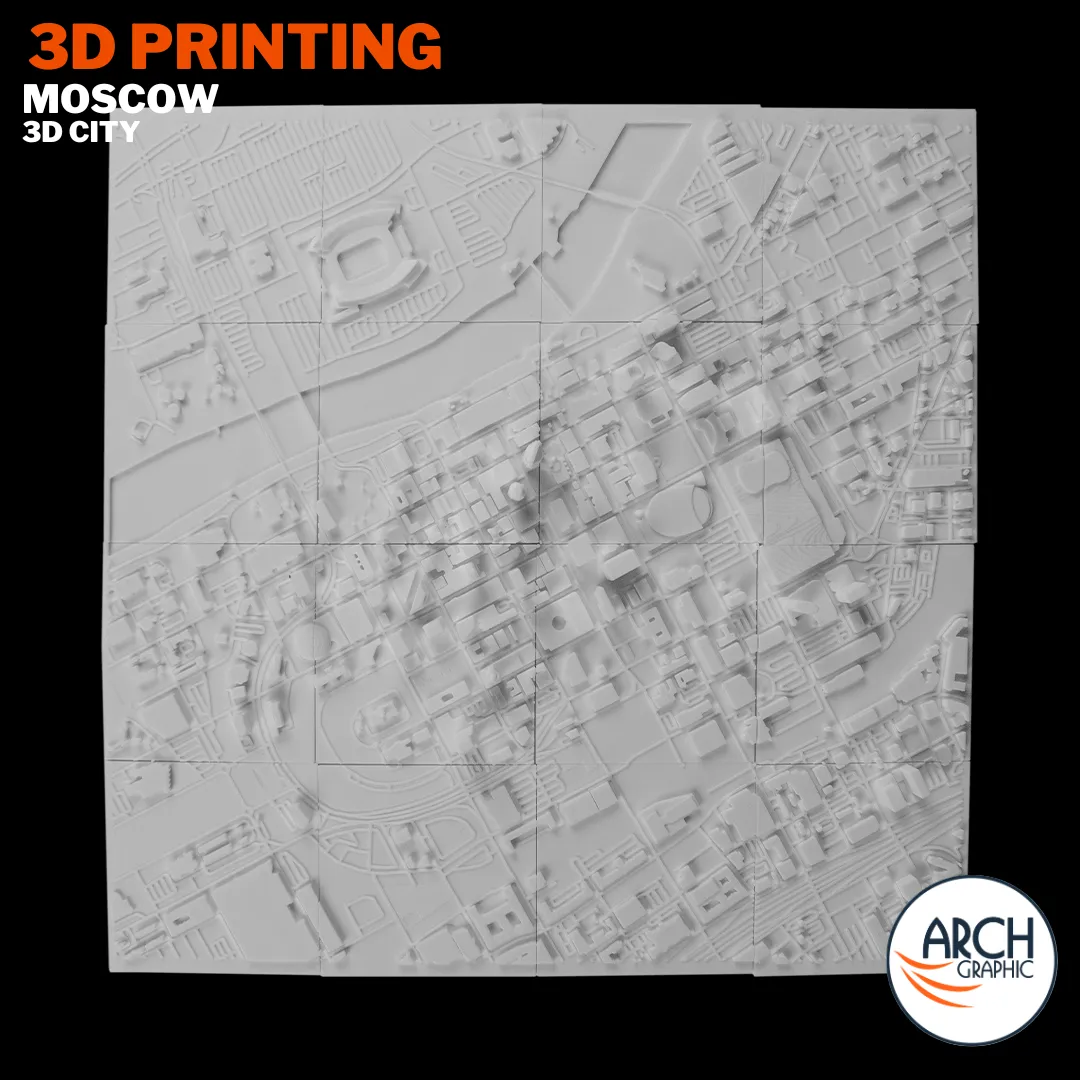 Full overhead flat lay 3D printed Moscow city map multi-panel model – Arch Graphic UAE architectural 3D printing