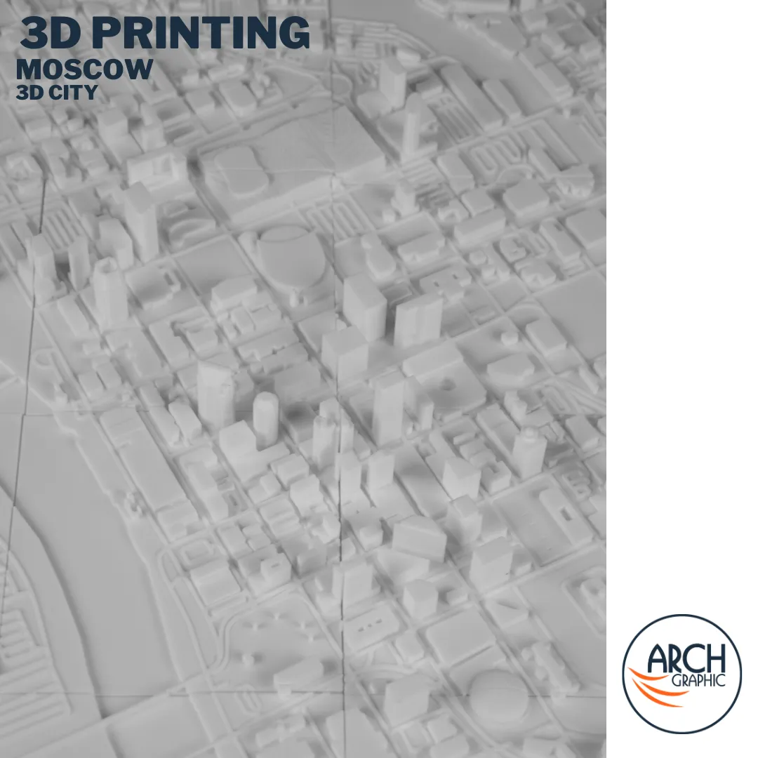 Angled perspective view large-format 3D printed Moscow city model showing skyscrapers and districts – Arch Graphic UAE